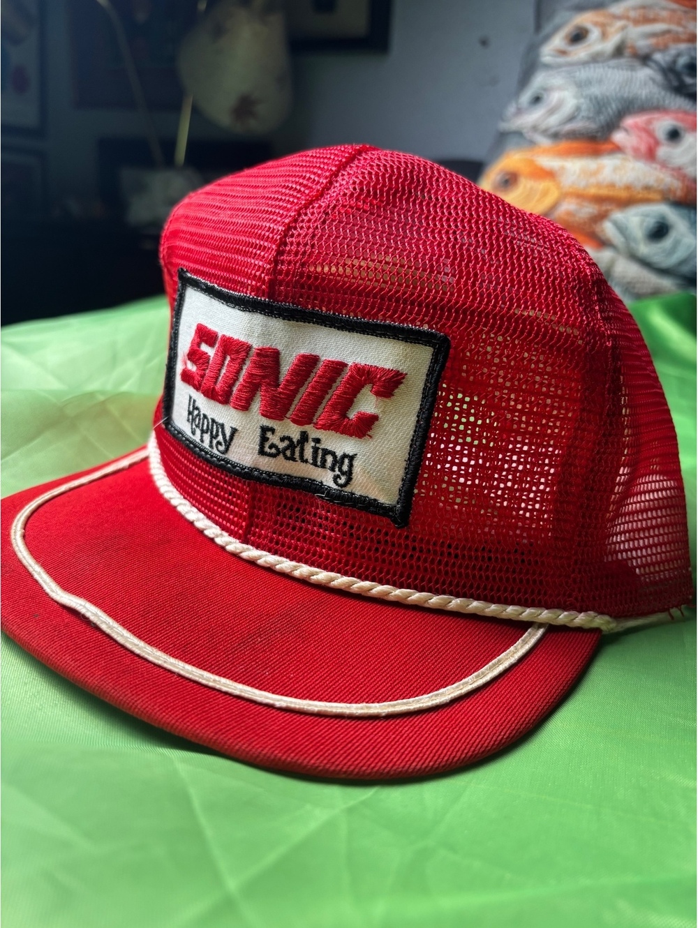 Vintage 80s Sonic Happy Eating Trucker Hat Mesh Rope USA
